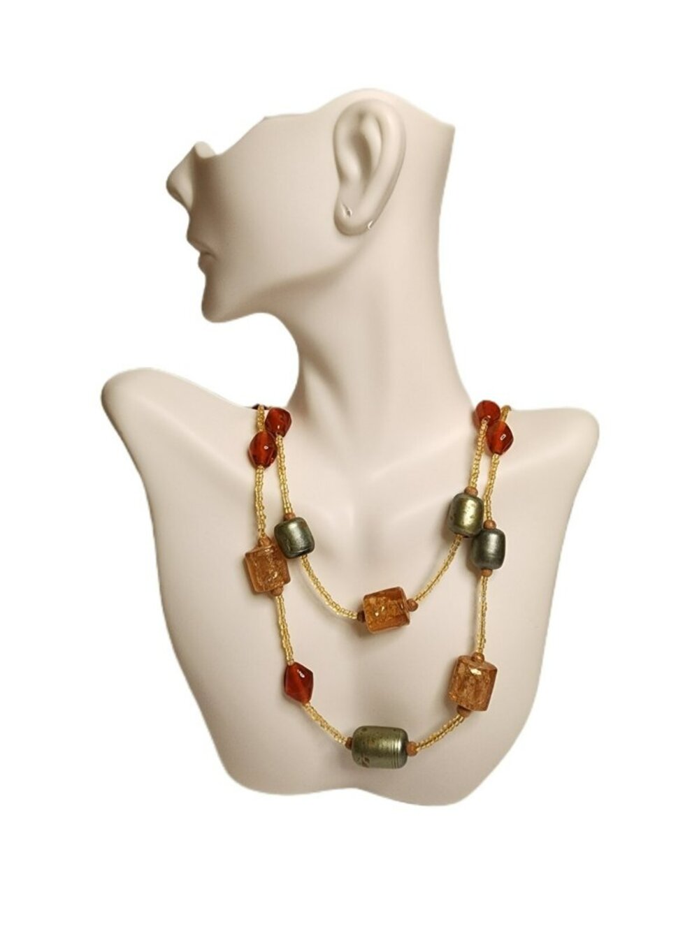 Glass Bead Necklace Green Amber Honey with Seed & Wood Beads